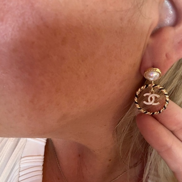 CHANEL Gold and Pearl Logo Hoop Earrings - Picture 1 of 3